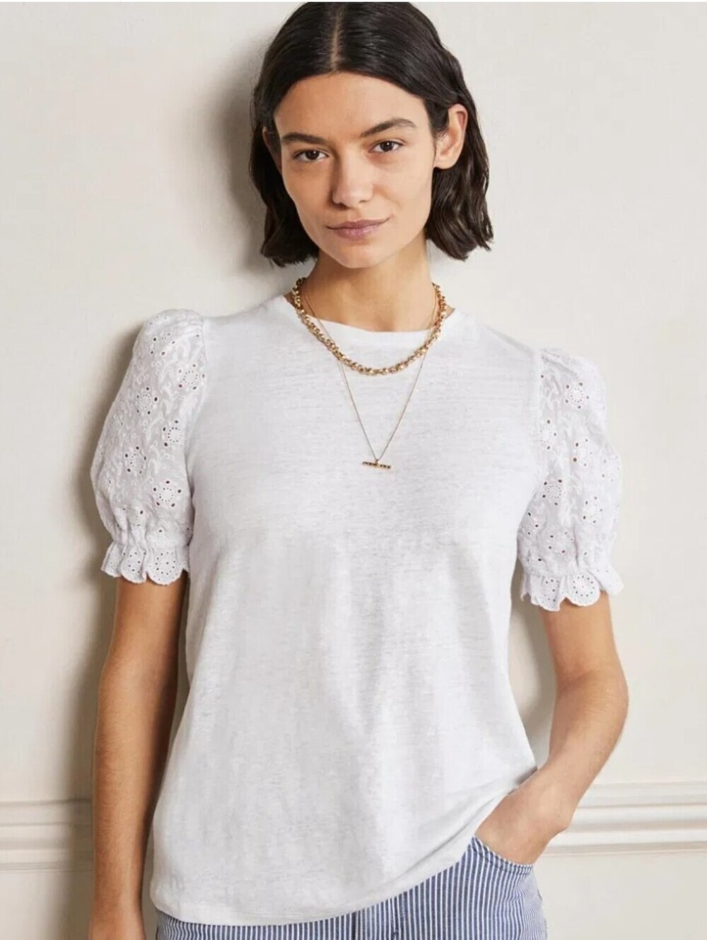 Boden Broderie White Short Sleeve Linen T-Shirt Eyelet Cotton Sleeve Size 2X